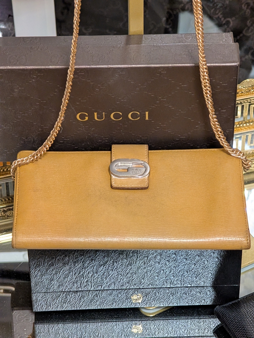 Gucci Camel Brown Leather Chain Crossbody Bag with Gold Hardware